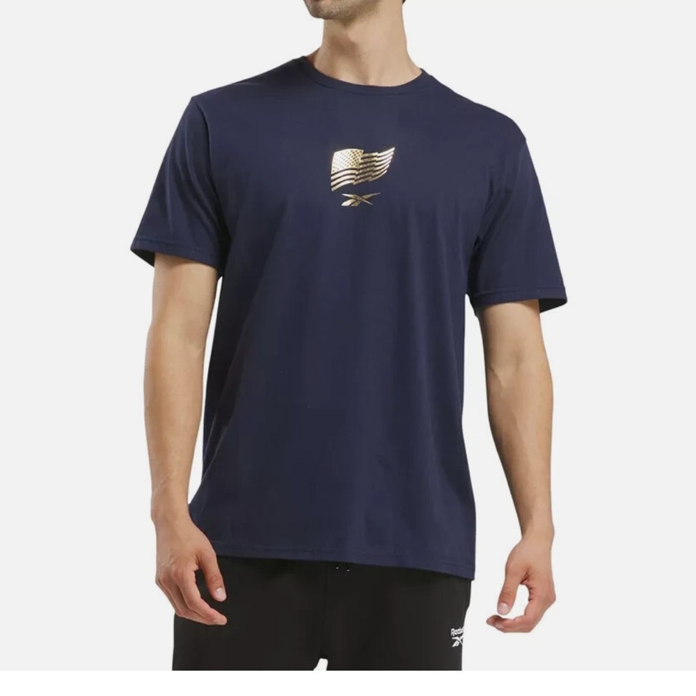 Reebok Men's Dark Blue T-Shirt with Gold Logo